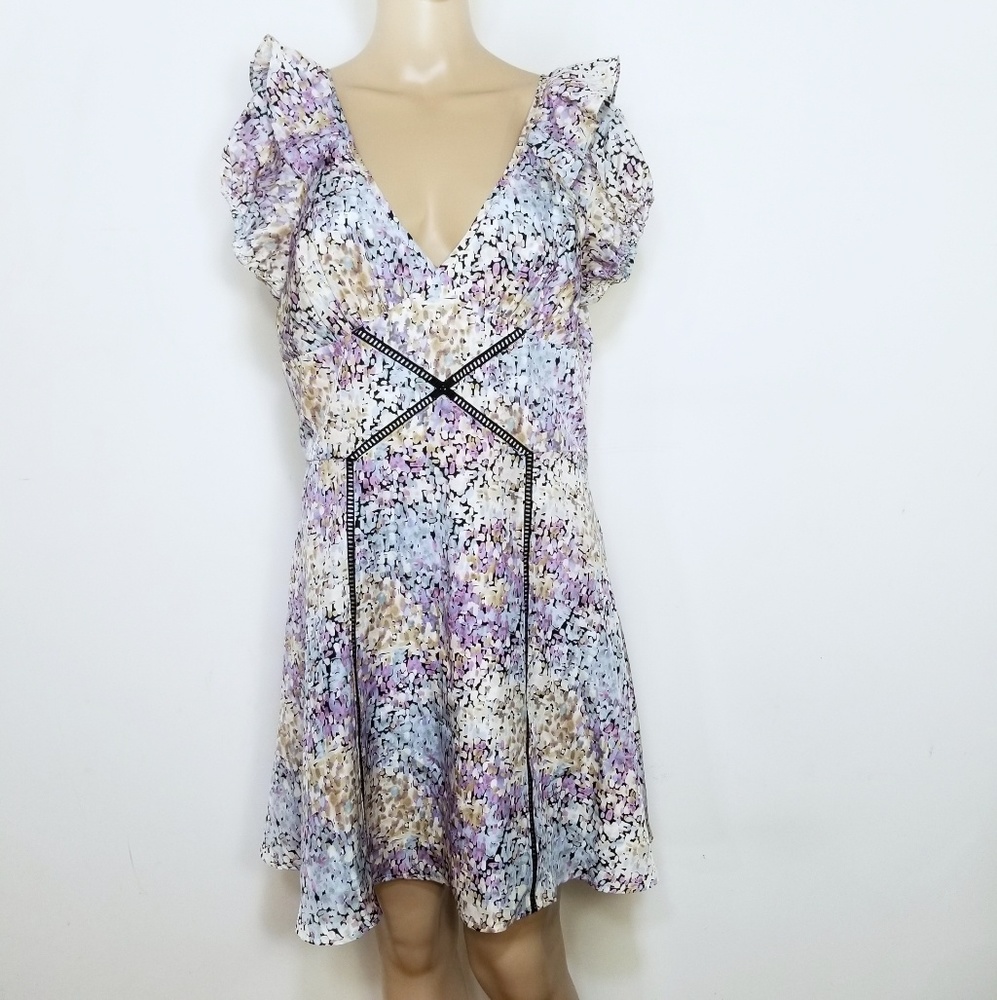 Bebe Abstract Floral Ruffle Open Back Dress Large